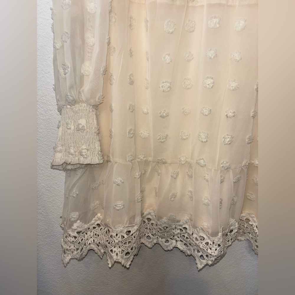 NEW Lulus Cream Embroidered Lace Boho Scandi Girl Chic XL Chiffon Dress lined - Picture 11 of 14
